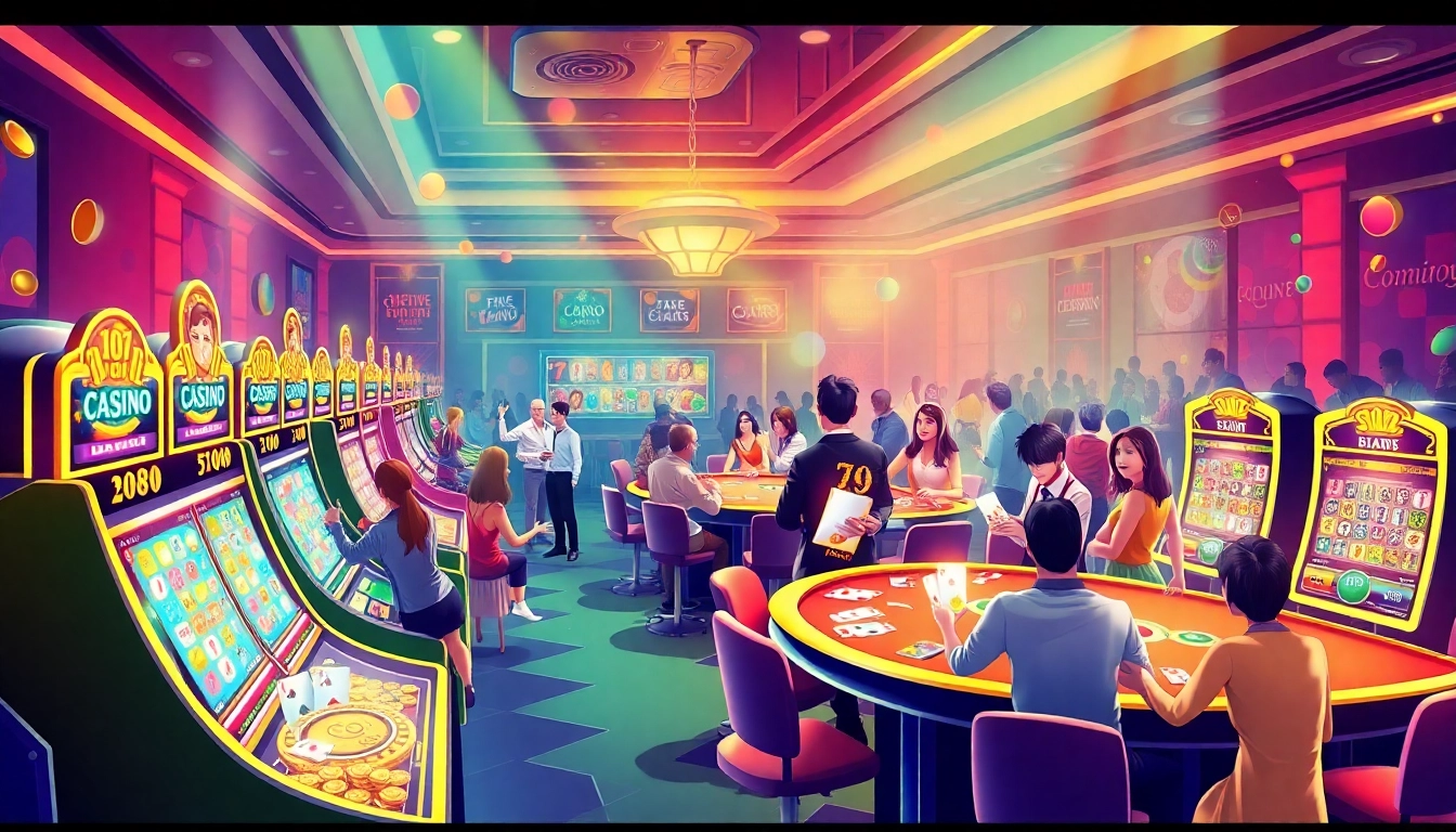 Experience thrilling gaming adventures at gamebaidoithuong.baby with vibrant slot machines and lively players celebrating wins.